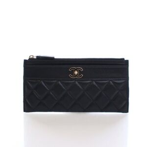 Chanel Black Quilted Wallet with Gold Logo